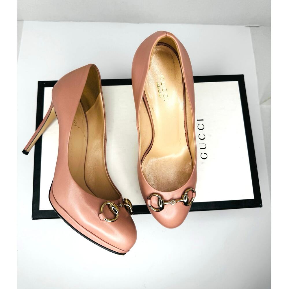 Gucci Malaga Kid Leather Horsebit Pumps Carmine Rose Pink Heels Size EU 37.5